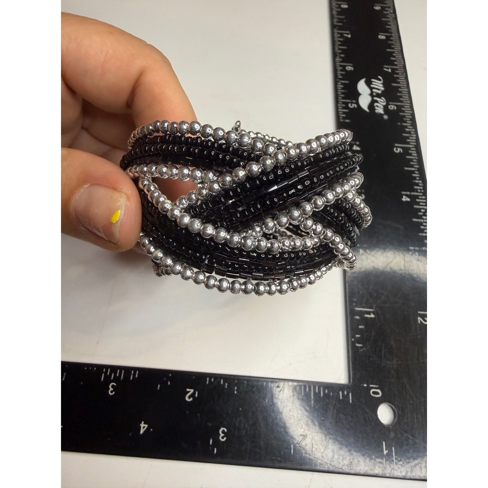 Black and Silver Multi Strand Beaded Memory Wire Wrap Bracelet Stacked Cuff